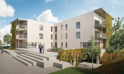 Appartementsgebouw met terrassen die uitgeven op mooie groene binnentuin