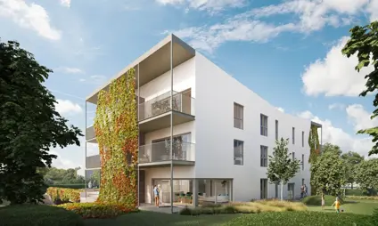 Immeuble d'appartements avec terrasses donnant sur une belle cour intérieure verte