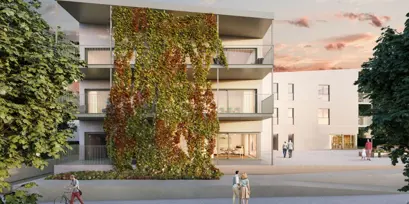 Appartementsgebouw met terrassen die uitgeven op mooie groene binnentuin