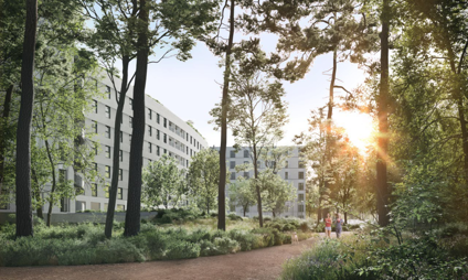 Nieuwbouw Genk Bosart - zicht op de achterkant van het gebouw vanuit een bosrijke omgeving